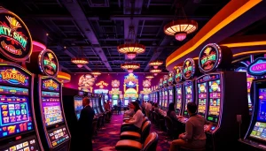 Bermain di bandar toto 4d slot dengan slot machine yang penuh warna dan suasana kasino yang hidup