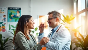 Health professional attentively interacting with a patient in a bright clinic setting.