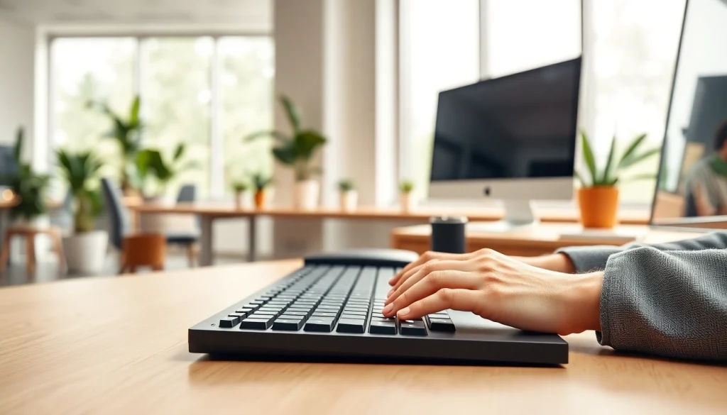 Hands typing at a modern workstation in a vibrant typing center.