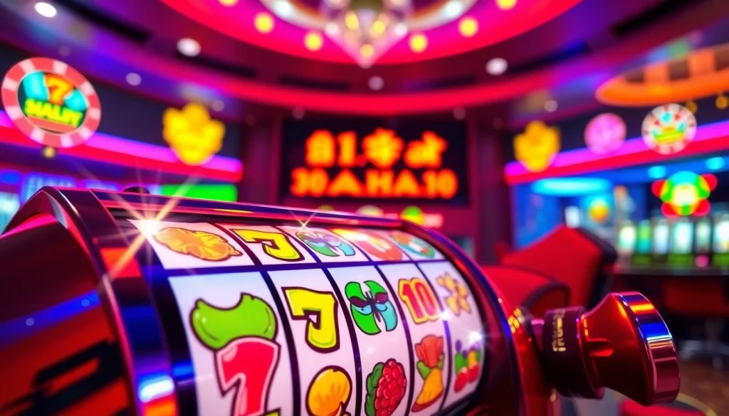 Menampilkan bolahiu slot dengan simbol berwarna cerah dan animasi dinamis di latar belakang kasino.