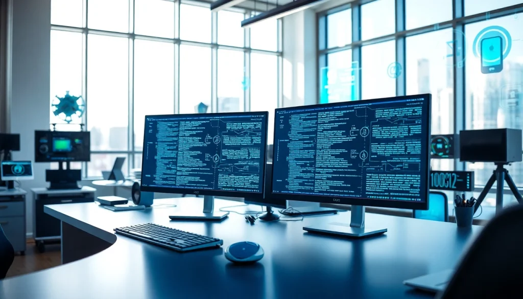 Visualizing technology workspace with advanced screens and gadgets, showcasing innovative technology.