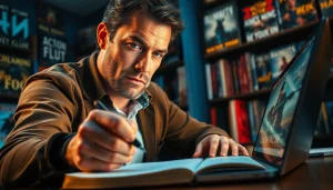 Action thriller author crafting gripping stories in a dynamic writing environment.