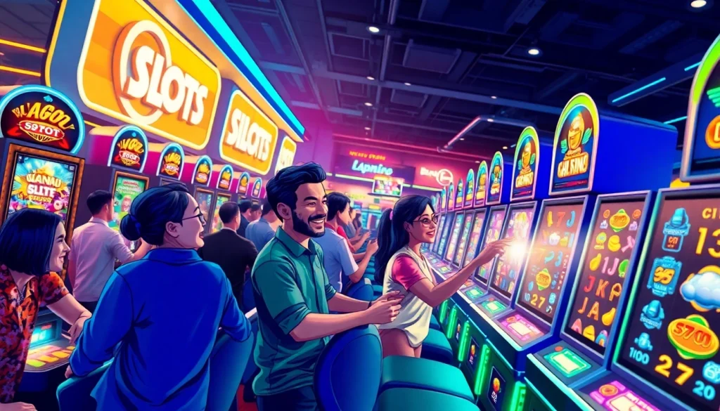 Mainkan situs slot gacor dengan pemain yang antusias dan mesin slot berwarna-warni.