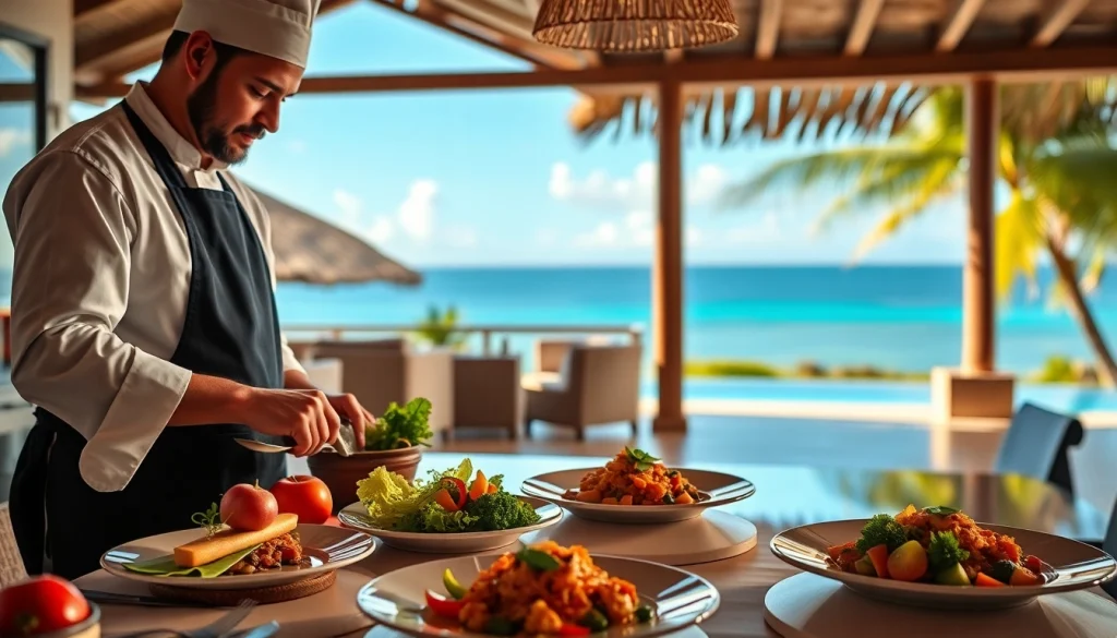 Private chef St Martin serving a gourmet meal in a stunning Caribbean villa setting.