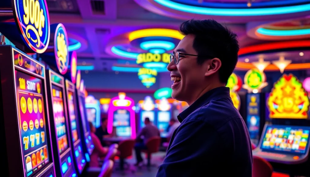 เล่น 918kiss slot ในบรรยากาศคาสิโนที่มีสีสันสดใสพร้อมผู้เล่นที่มีความสุข