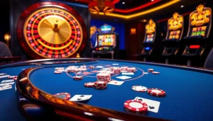 Engaging scene of i9bet featuring luxurious casino elements with poker and roulette tables.
