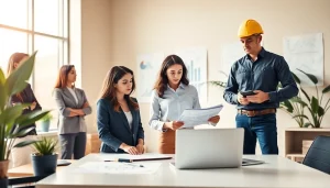 Biuro rachunkowe dla firmy budowlanej prezentujące nowoczesne biuro z współpracującymi księgowymi i wykonawcami.