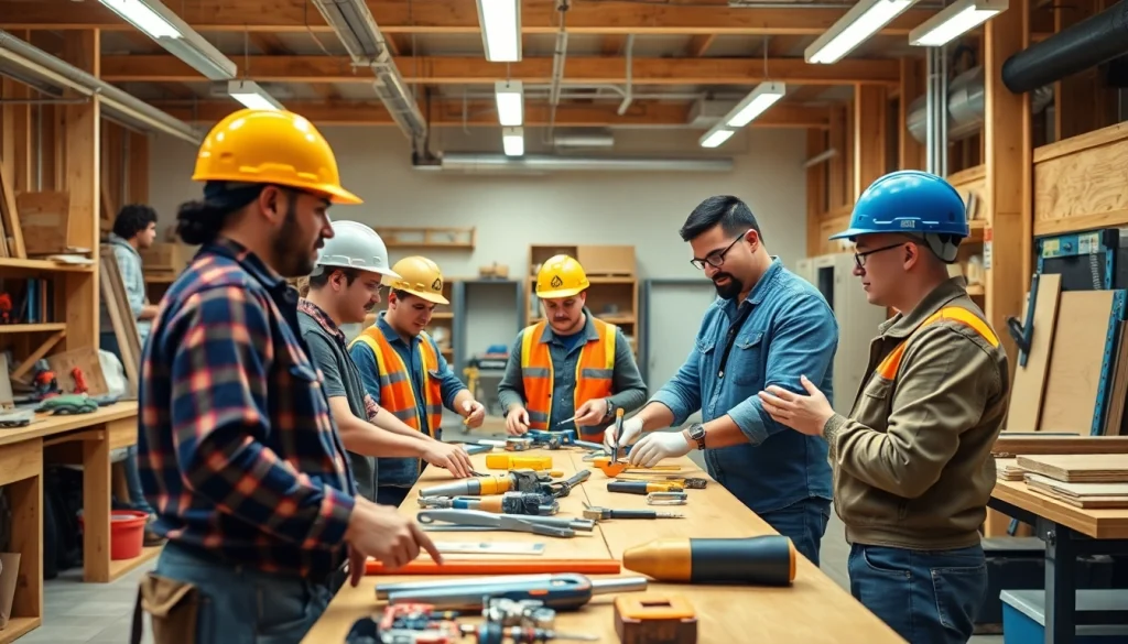 Students learning construction skills at construction trade schools in Texas, showcasing hands-on training and tools.