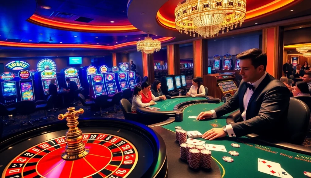 Experience the excitement of top 10 nhà cái uy tín in a vibrant casino scene with roulette wheels and poker tables.