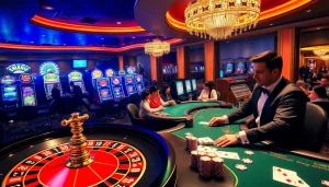 Experience the excitement of top 10 nhà cái uy tín in a vibrant casino scene with roulette wheels and poker tables.