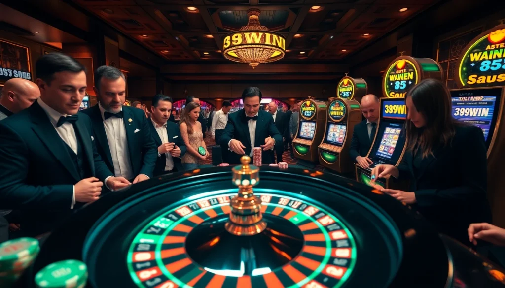Engaging players at the 389WIN casino with roulette, poker chips, and slot machines