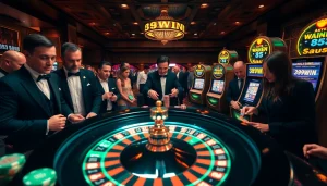 Engaging players at the 389WIN casino with roulette, poker chips, and slot machines