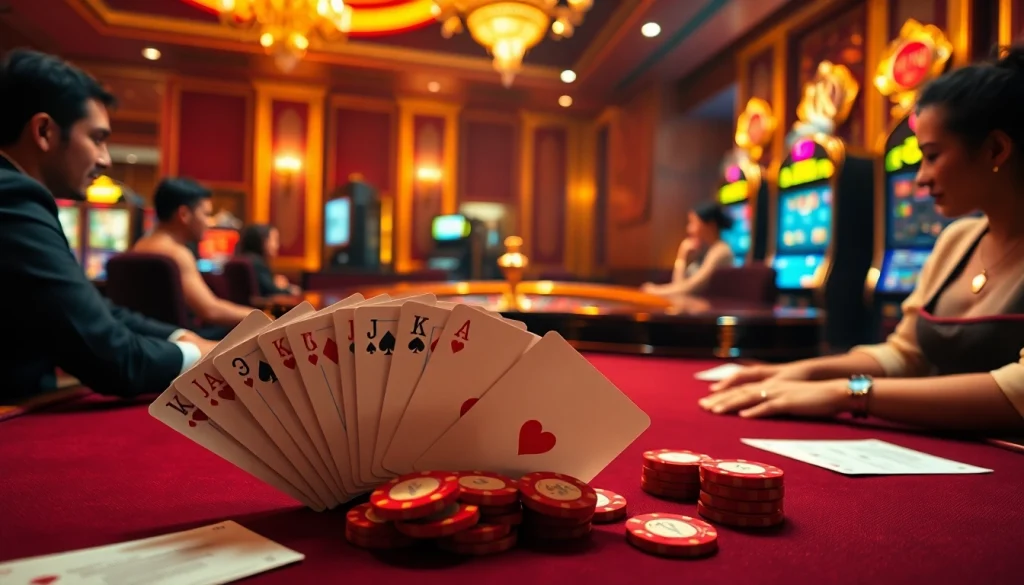 Exciting poker game at iwin, showcasing a vibrant casino atmosphere with colorful chips and cards.