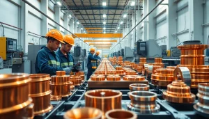 Copper plating Malaysia in a modern die-casting facility with workers and advanced machinery.