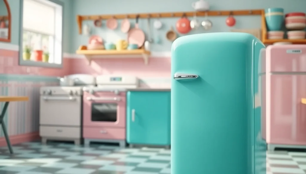 Showcase retro appliances in a vibrant kitchen, featuring a turquoise fridge and pastel stove.
