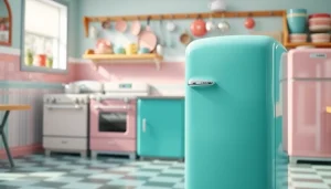 Showcase retro appliances in a vibrant kitchen, featuring a turquoise fridge and pastel stove.
