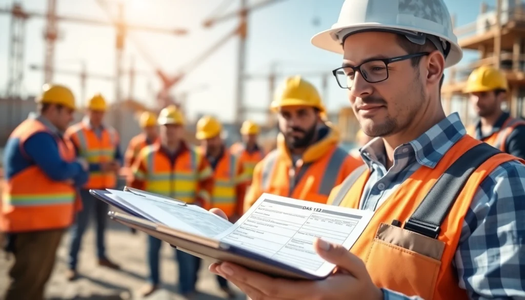 Contractor completing the DAS 142 form in a busy construction site with apprentices.