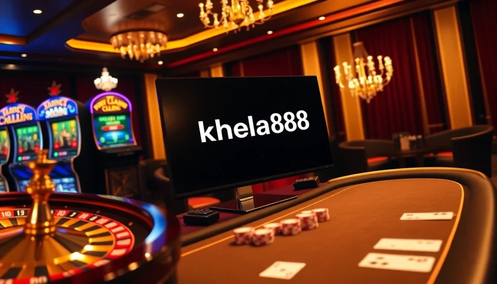 Khela88 লগইন করুন for an exciting gaming experience at a luxurious online casino with poker chips and roulette.