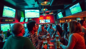 Engaged bettors enjoying sports betting Manitoba in a lively bar setting with screens showing games.