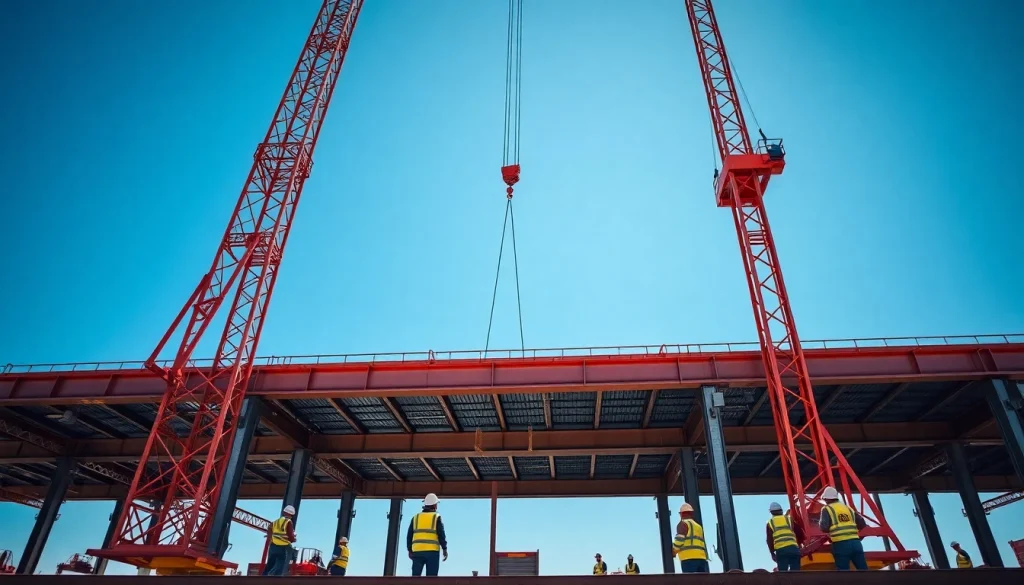 Achieving seamless structural steel installation with cranes and expert workers on site.
