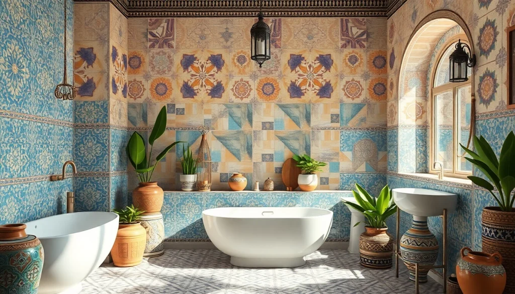 Des carreaux zellige marocains époustouflants subliment une salle de bains calme, avec des couleurs vives et des motifs complexes.
