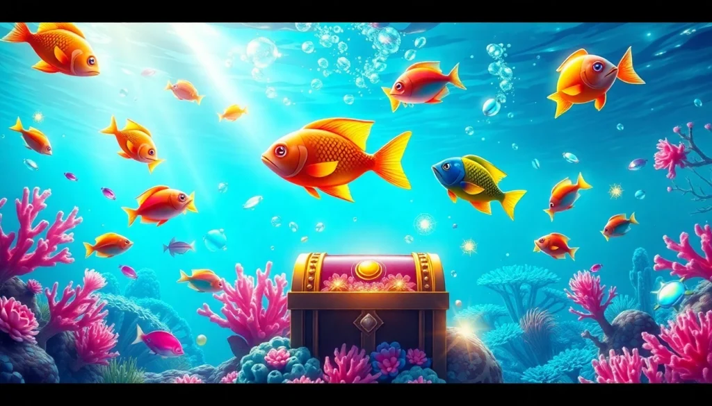 Engaging scene of bắn cá đổi thưởng with vibrant fish and fishing elements under the sea.