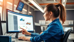 Trucking Dispatch Company optimizing logistics and freight loads in a modern office setting.