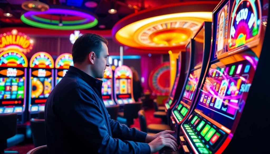 Mesin slot Toto di lingkungan kasino mewah, menarik pemain dengan visual yang memukau.