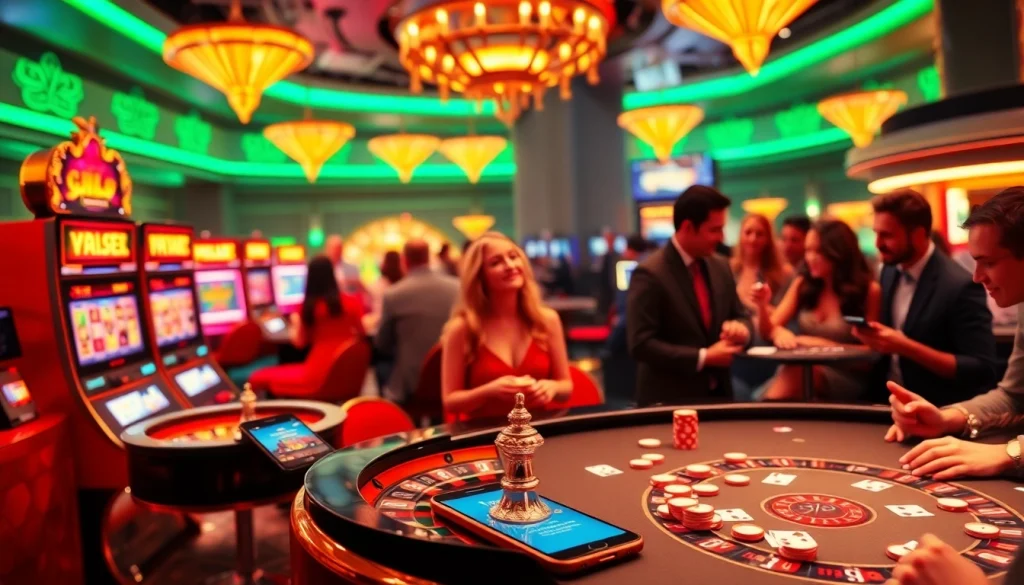 Tương tác với ứng dụng Bet VIP trong một cảnh casino sống động, đầy phấn khích và cơ hội chiến thắng.