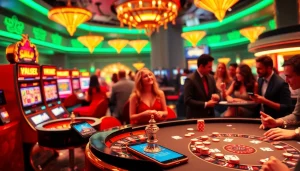 Tương tác với ứng dụng Bet VIP trong một cảnh casino sống động, đầy phấn khích và cơ hội chiến thắng.