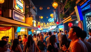 Experience the vibrant 다낭밤문화 with lively nightlife scenes showcasing bars and crowds.