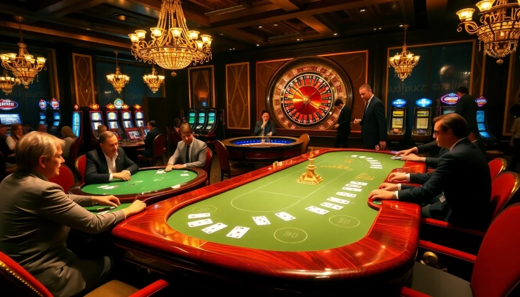 Players enjoying intense games at Bugatti8 casino, featuring luxurious tables and vibrant atmosphere.