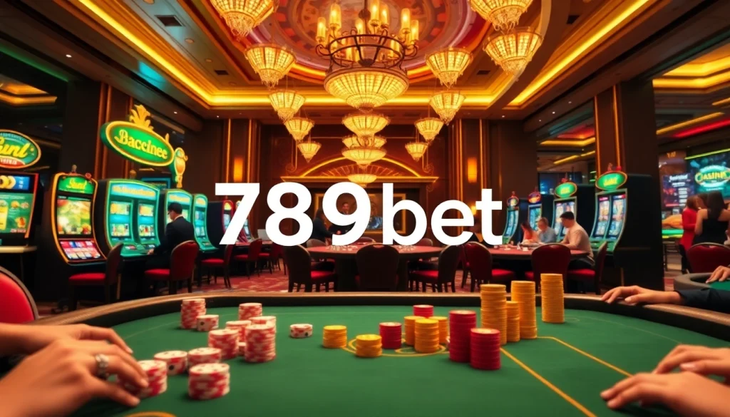 Gamblers enjoying a vibrant casino scene at 789bet with poker chips and roulette tables.