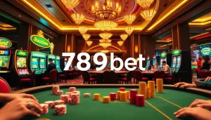 Gamblers enjoying a vibrant casino scene at 789bet with poker chips and roulette tables.