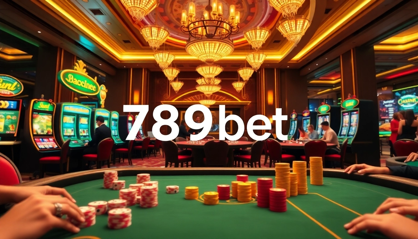 Gamblers enjoying a vibrant casino scene at 789bet with poker chips and roulette tables.