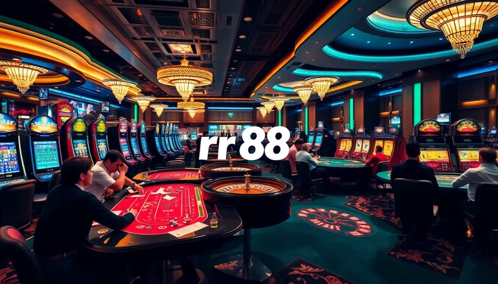 Players enjoy a thrilling game at rr 88 casino with vibrant slot machines and gaming tables.