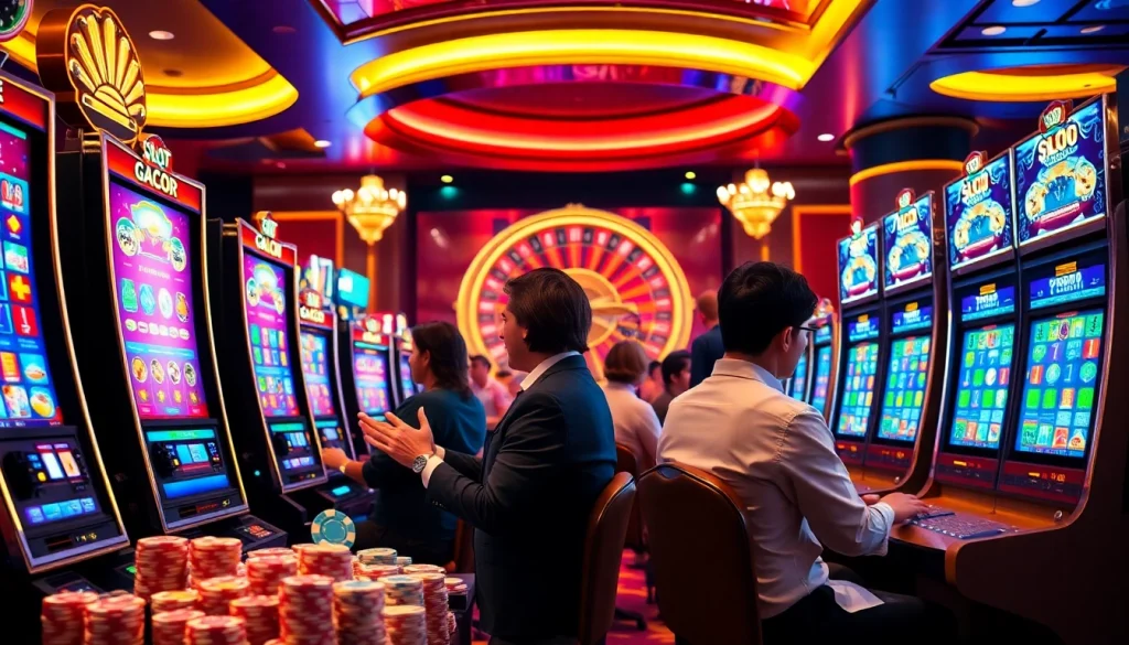 Slot Gacor players engaging with vibrant machines in an exciting casino environment.