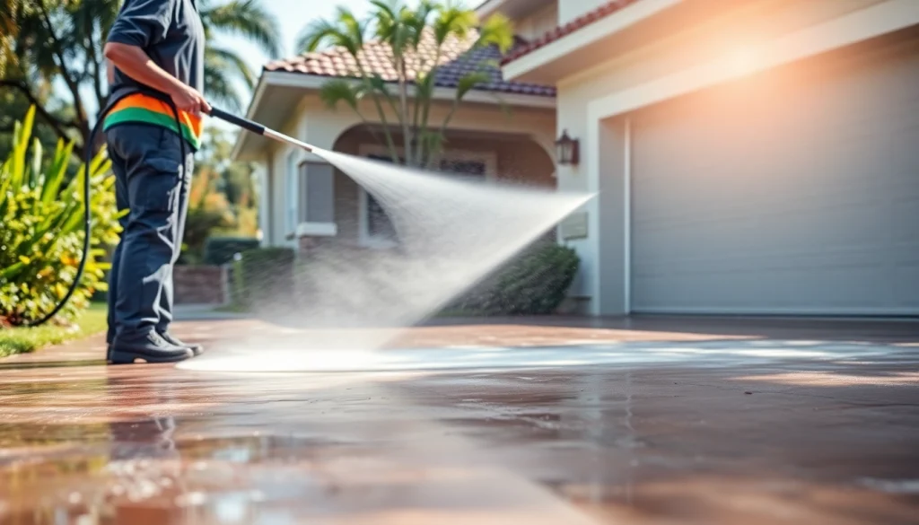 Efficient pressure wash service revitalizing a residential driveway in Kissimmee, Florida.