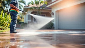 Efficient pressure wash service revitalizing a residential driveway in Kissimmee, Florida.