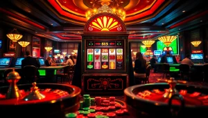 Players enjoy excitement at a luxurious Slot machine in a vibrant casino scene.