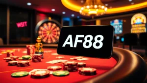 Play thrilling games with the AF88 APP in a vibrant casino atmosphere featuring roulette and card tables.