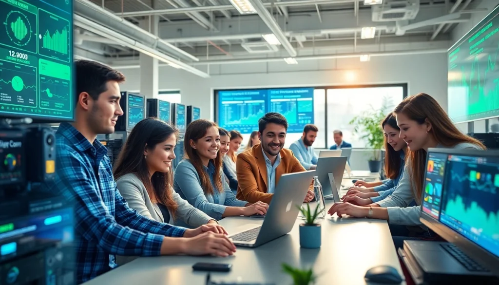 Free crypto mining scene with diverse professionals in a tech-savvy office, showcasing collaboration and innovation.