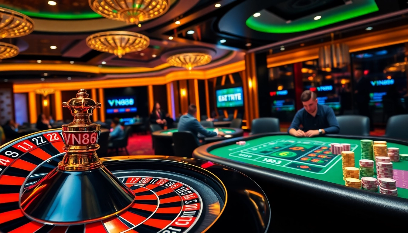 Experience the thrill of online gambling at VN88 with an exciting roulette table scene.