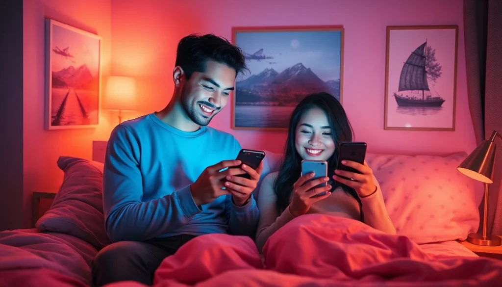 A cozy digital bedroom scene showcasing ai sexting interaction between characters on smartphones.
