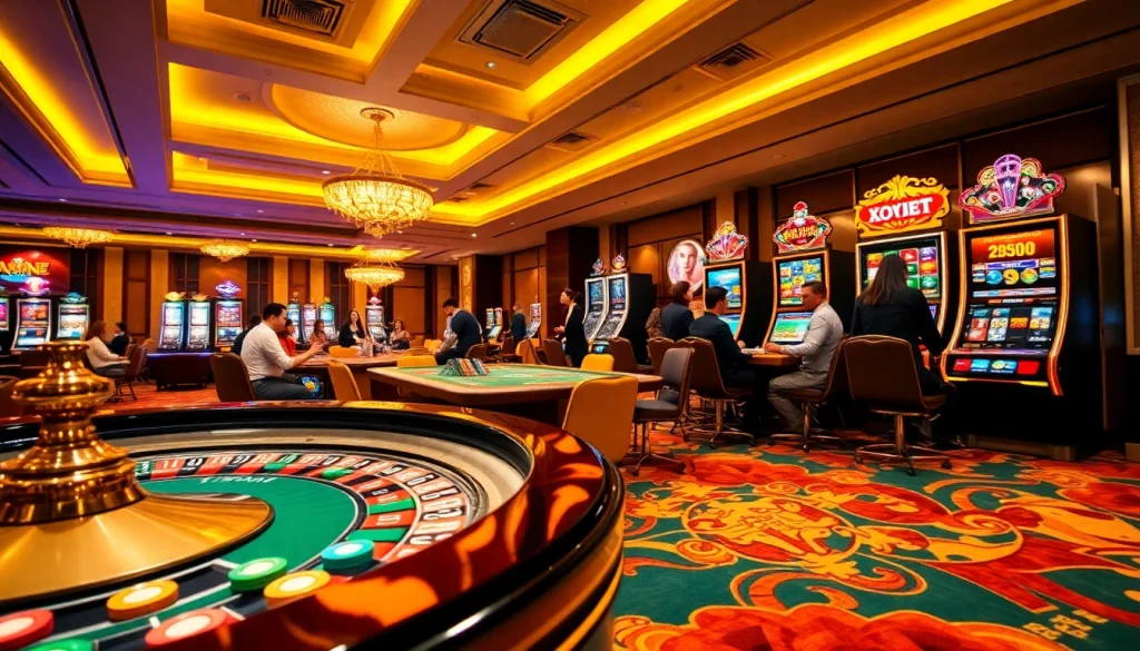 Exciting casino action at Tha bet with roulette, poker, and slot machines in a vibrant setting.