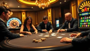 A poker game showcasing players with Kjc solutions branding, reflecting high-stakes excitement in a luxurious casino.