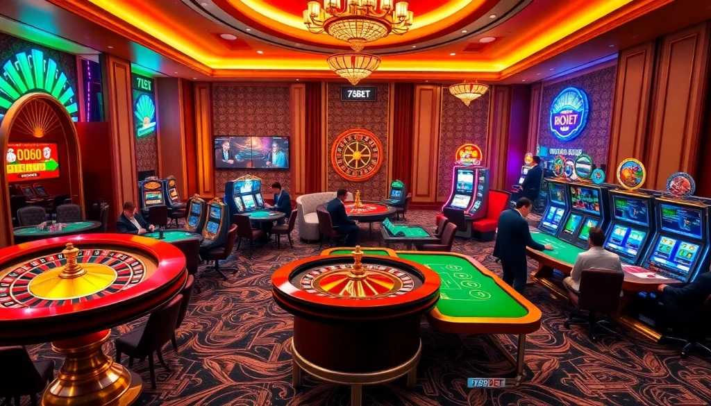 Players enjoying a thrilling game at 789BET online casino, featuring roulette and poker tables.