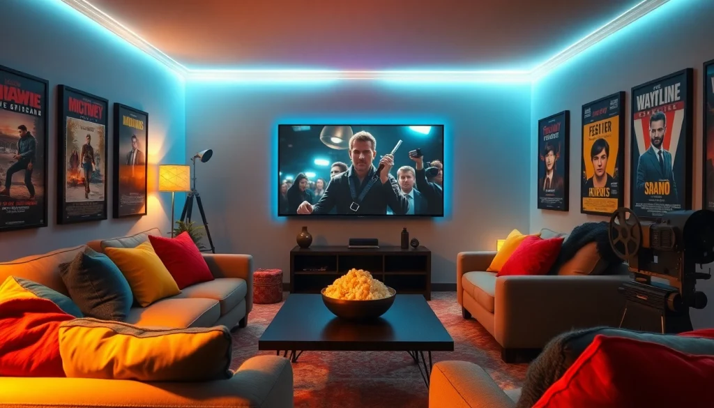 Cozy home theater showcasing filmes online subtitrate with inviting ambiance and movie posters.