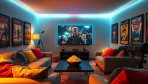 Cozy home theater showcasing filmes online subtitrate with inviting ambiance and movie posters.