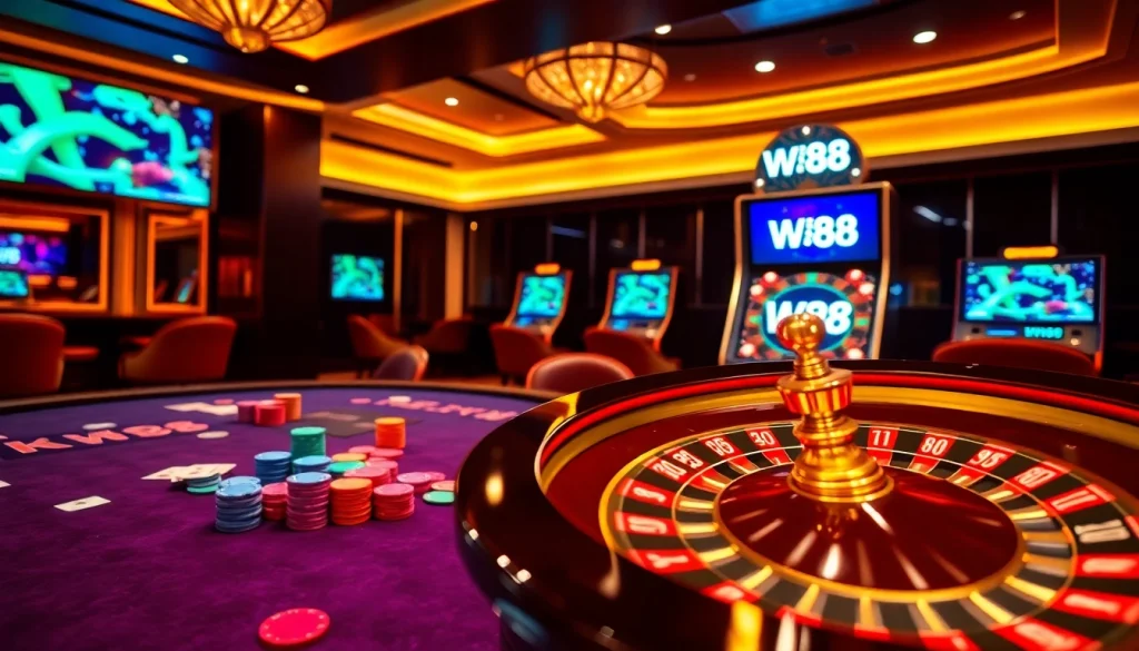 Play at W88's elegant casino table, enjoying the thrill of poker with vibrant chips and cards.